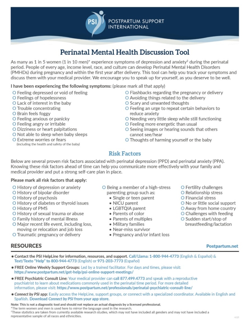 Product Description: Perinatal Mental Health Discussion Tool: For parents to help tracksymptoms and discuss them with their healthcare provider.50 pages per pad.</br></br>(The discussion tool can also be downloaded and printedby the page from here.)</br> PSI Discussion Tool Pad