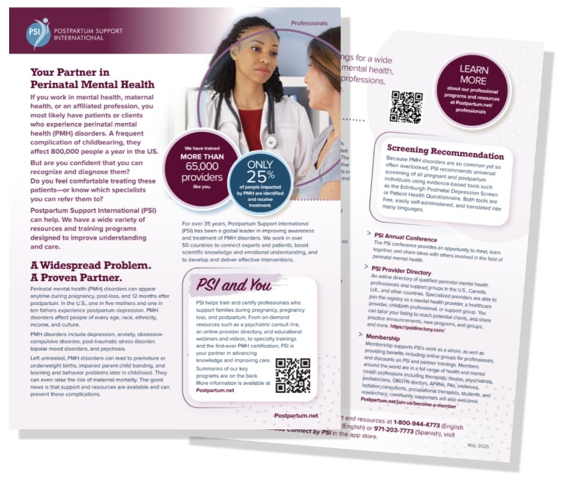 Product Description: Information on PSI trainings and resources for professionals. For sharing such as at public awareness events (in conjunction with the Parents flyer). Shipping is included in the cost for packets. Pick the packet size for the number of flyers you would like(can also order multiple packets).Or you candownload it from this pageat no cost-- choose the "Margin" version to easily print it locally.</br> PSI Providers Flyers (packet or free download)